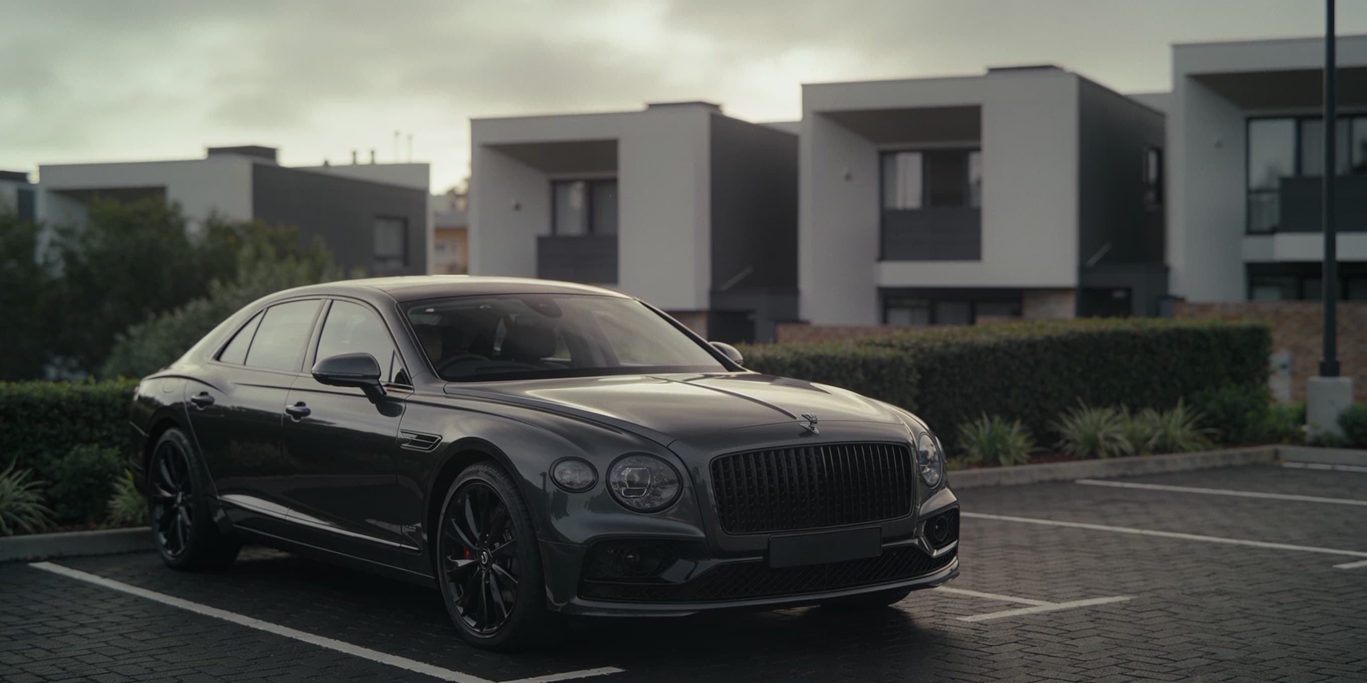 A clean dark sedan in an outdoor parking bay at a modern residential estate under an overcast sky